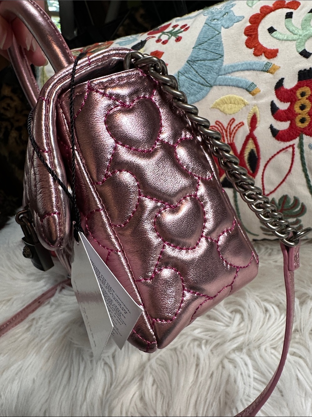 Kurt Geiger • The Brixton Quilted Heart Metallic Leather Top Handle Purse - Picture 9 of 17
